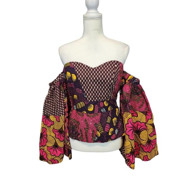 Womens African Ankara Top Size S Flare Sleeve Multicolor Handmade Psychedelic - Picture 2 of 13